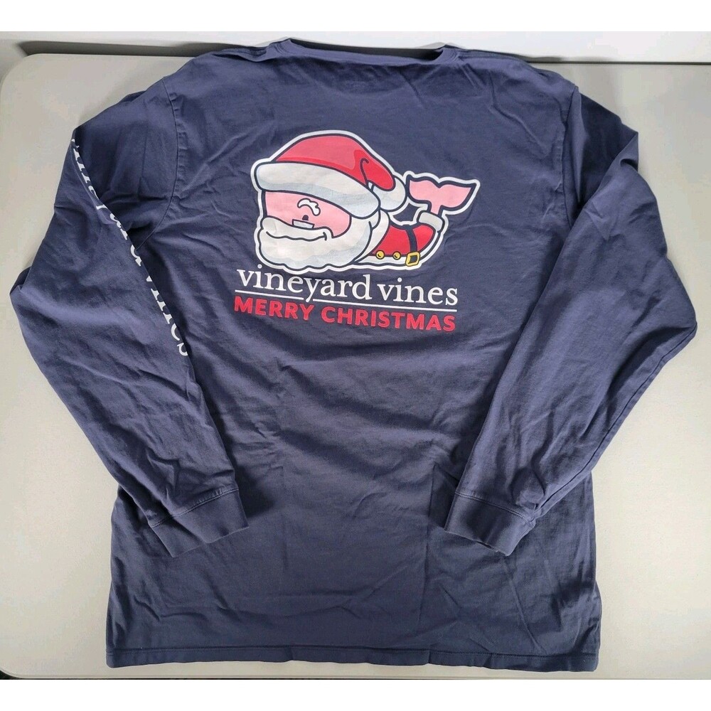 Vineyard Vines Santa T Shirt Men Sz XL Blue Navy Long Sleeve Merry Christmas